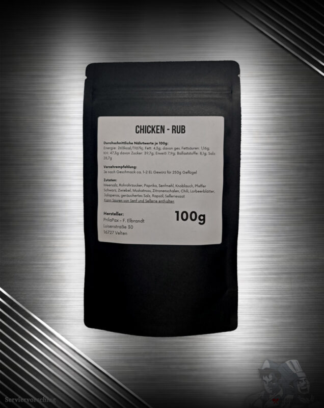 FuK Feder und Flamme Zutatenliste: Meersalz, Rohrohrzucker, Paprika, Senfmehl, Knoblauch, Pfeffer Schwarz, Zwiebel, Muskatnuss, Zitronenschalen, Chili, Lorbeerblätter, Jalapenos, geräuchertes Salz, Rapsöl, Selleriesaat