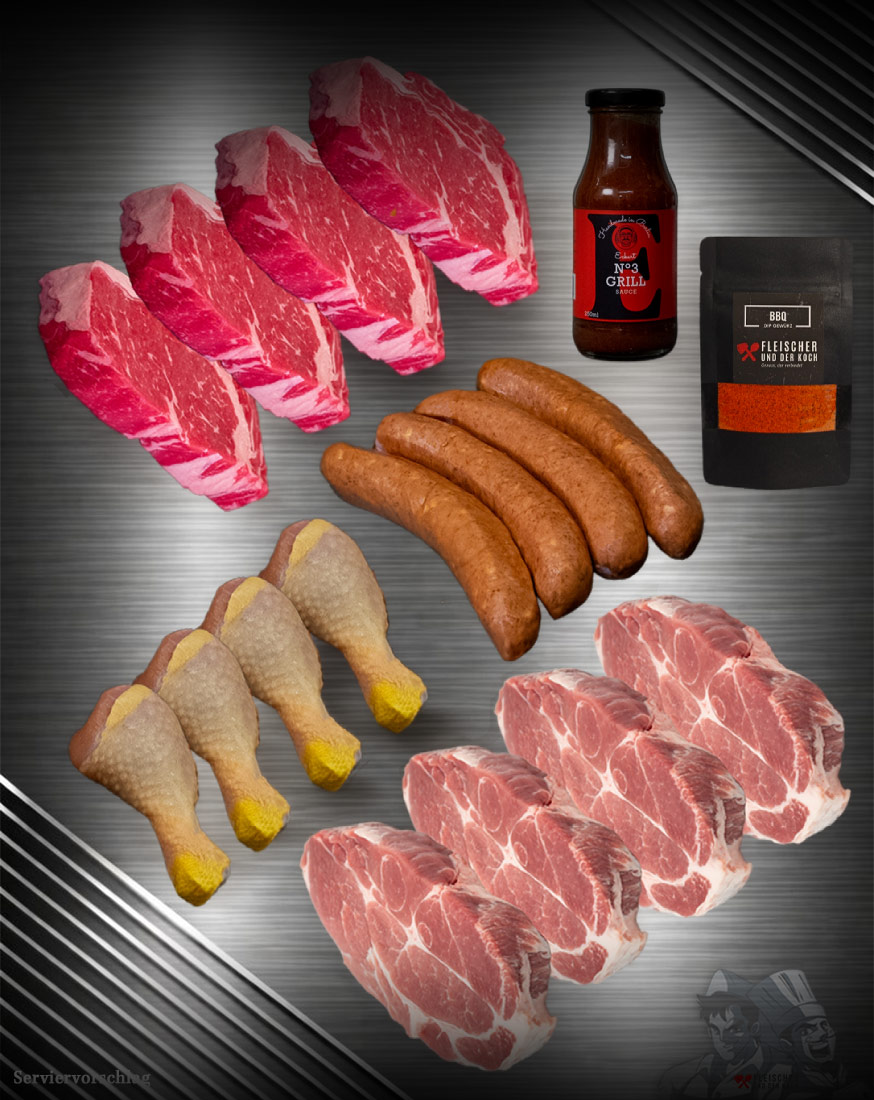 Ostern BBQ-Bundle Grillpaket Ostern BBQ-Bundle mit Rib-Eye, Nackensteak, Drumsticks und Käsekrainer auf dunklem Hintergrund