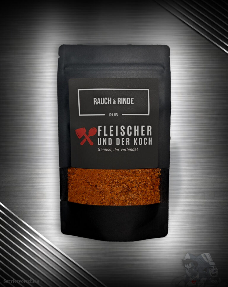 FuK Rauch & Rinde – Beef Brisket Rub in einer Schale, daneben ein saftiges Stück Rindfleisch