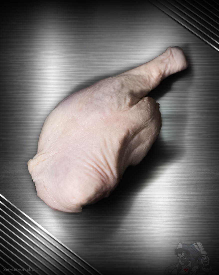 Gänsekeule aus Pommern – Premium-Geflügel in Extra-Qualität Gänsekeule aus Pommern roh, Premium-Geflügel edel inszeniert vor metallischem Hintergrund