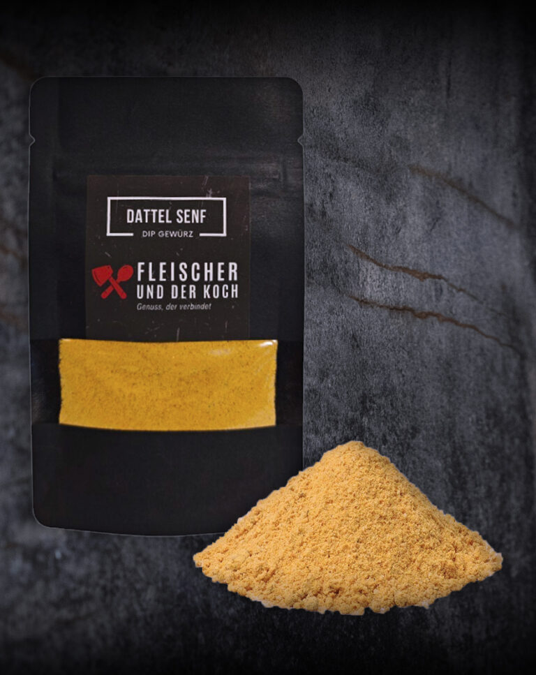 Dattel Senf Dip in einer Schale, umgeben von Datteln und Senfkörnern