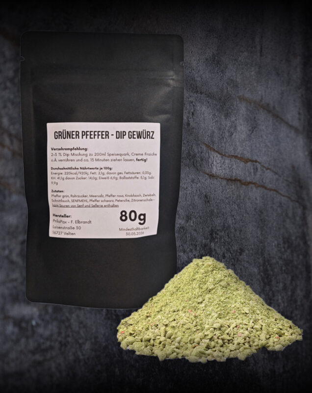 Grüner Pfeffer Dip: Schale mit grünem Pfeffer Dip und Pfefferkörnern - das ist alles drin.