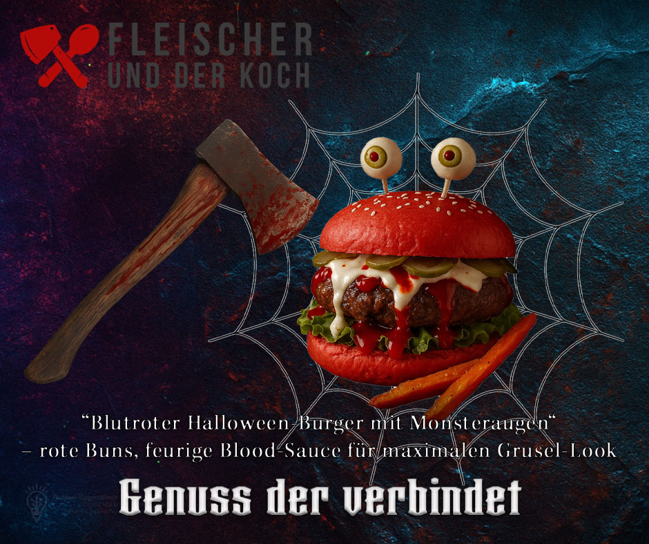 Halloween Burger mit roten Buns & Monsteraugen - Rezeptidee von Fleischer und der Koch