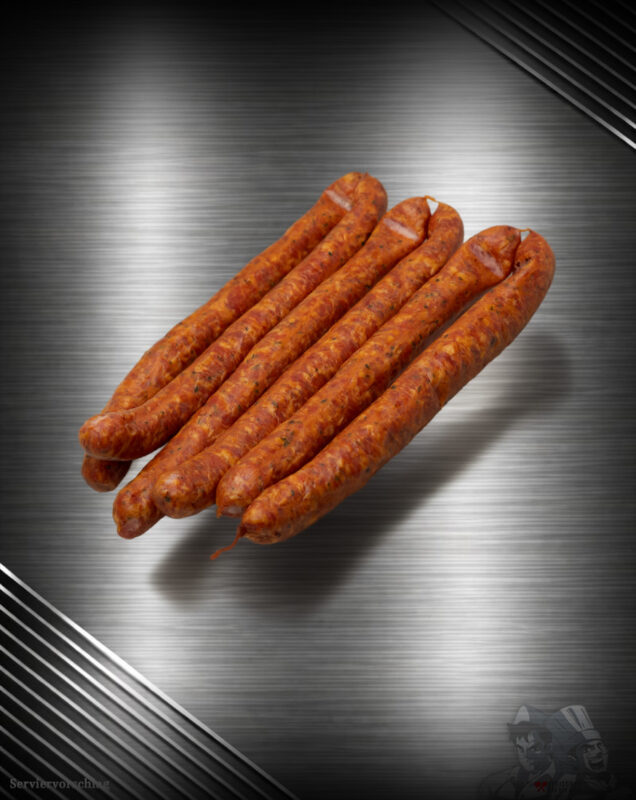 Knacker vom regionalen Duroc-Schwein im Naturdarm, mild gewürzt und heißgeräuchert