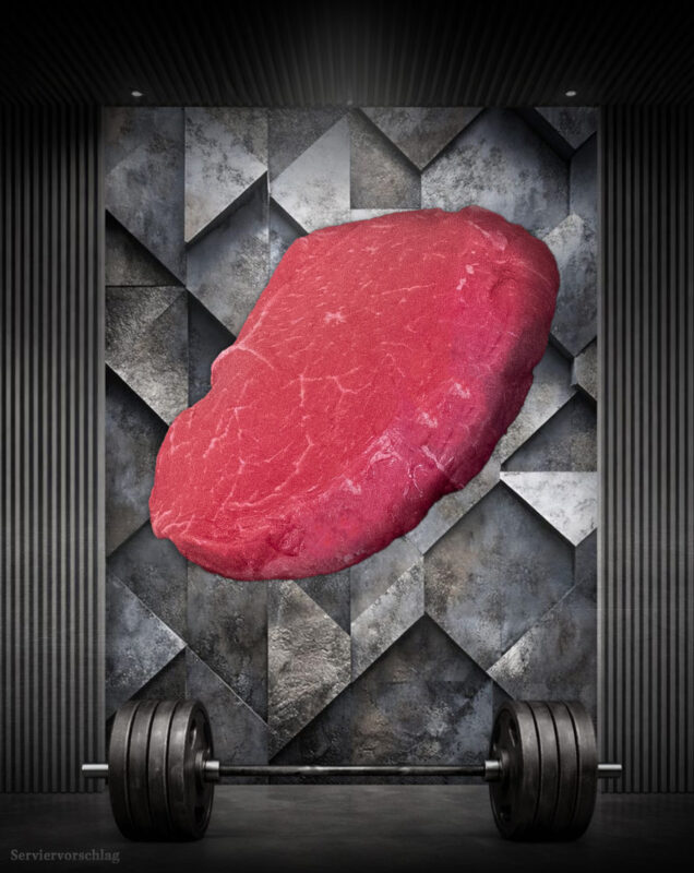 Athleten Rinderhüftsteak von der Färse aus Pommern, roh auf dunklem Untergrund