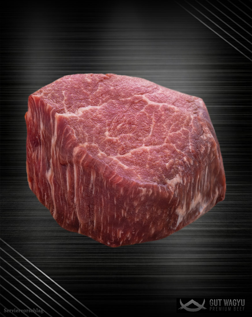 Wagyu Filet aus Deutschland roh – Prime Selection Rohes Wagyu Filet aus Deutschland mit feiner Marmorierung auf edlem Untergrund