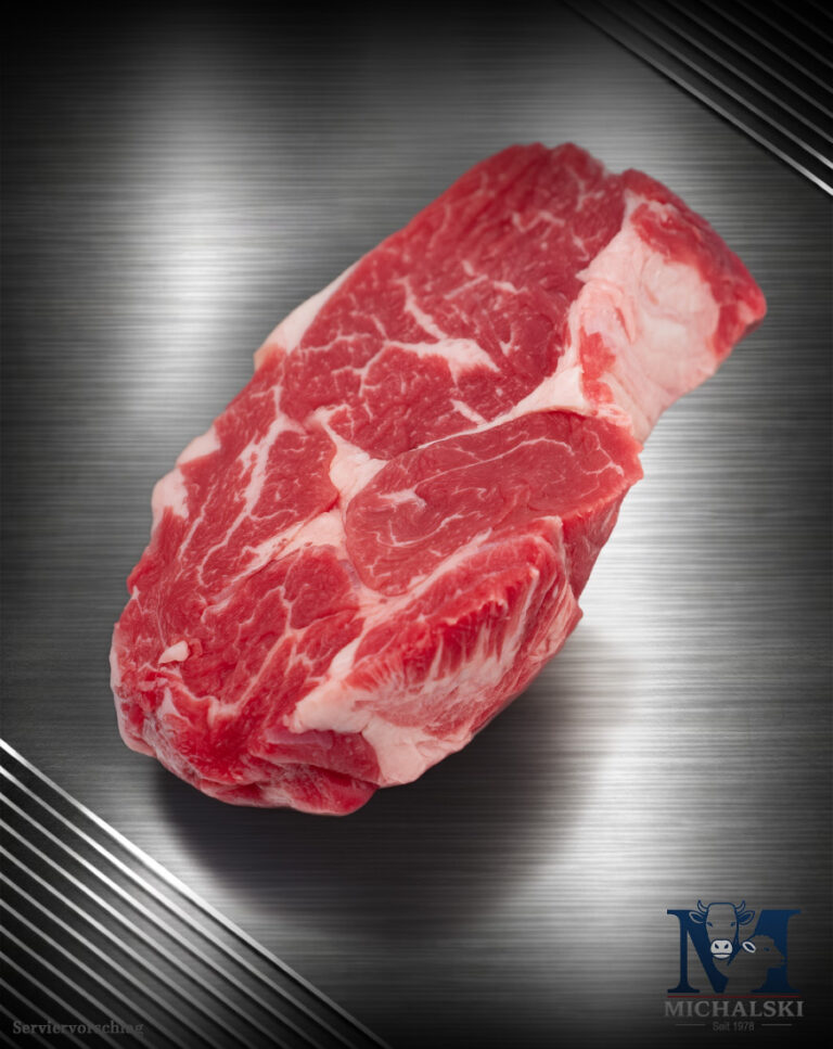 Michalski Ribeye Steak von der Weidefärse roh mit sichtbarem Fettauge und feiner Marmorierung