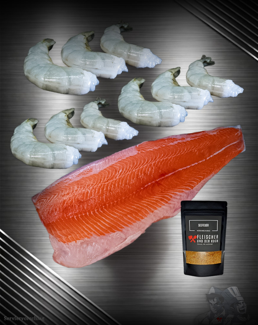 Seafood Grill Bundle mit Lachs und Garnelen für Genießer Seafood Grill Bundle mit Lachsseite und Black Tiger Garnelen roh auf hochwertigem dunklem Hintergrund