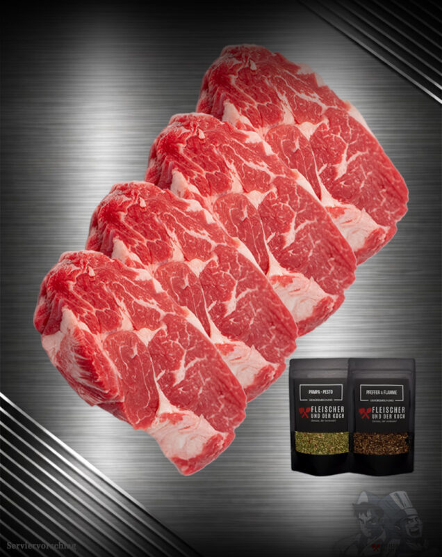 Steakhouse Bundle mit rohen Ribeye Steaks von der deutschen Weidefärse und Gewürzen auf dunklem Hintergrund