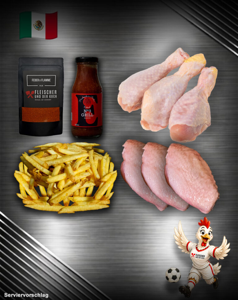 WM Team Mexico Bundle mit Chicken Wings, Drumsticks, Super Crunch Pommes, Chicken Rub und BBQ Sauce – perfekt für Fußball-WM.