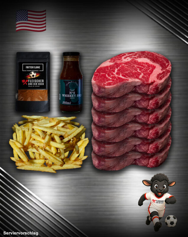 Das Team USA Bundle mit USDA Prime Ribeye Steak von Creekstone Farms, Super Crunch Pommes, Pommes Gewürzsalz und Whiskey BBQ Sauce. Perfekt für BBQ, Steakabend und echte USA Genussmomente.