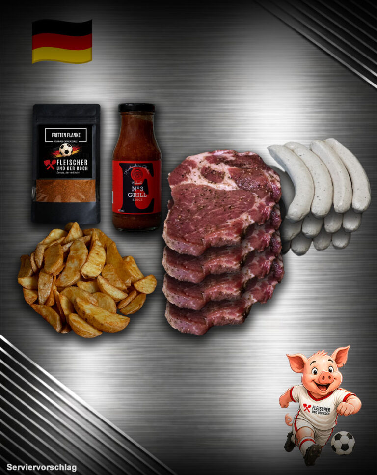 Schweinenacken, Thüringer, Kartoffel Pommes, Grill Sauce, Fritten Flanke-Pommes Gewürzsalz von Fleischer und der Koch