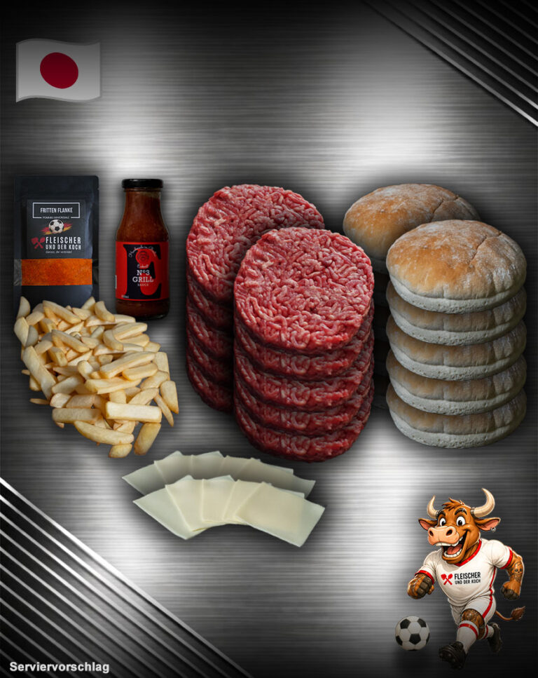 Team Japan Burger Bundle mit Gut Wagyu Burger Haché Burger Patties aus Deutschland, rustikale Burger Buns Berliner KiezKruste, deutscher junger Gouda Burgerkäse, Gourmet Steakhouse Pommes, Eckart Grill Sauce No. 3 und unsere Fritten Flanke-Pommes Gewürzsalz für Fußball-WM & Grillabende.
