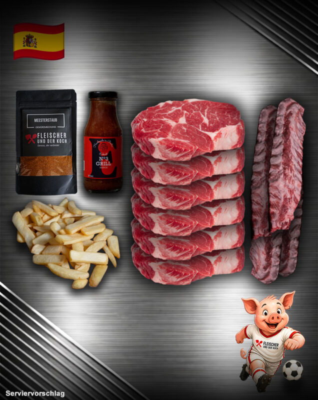 Team Spanien Bundle mit Weidefärsen Ribeye, Iberico Spareribs, Steakhouse Pommes, BBQ Rub und Grill Sauce für Fußball-WM & Grillabende.