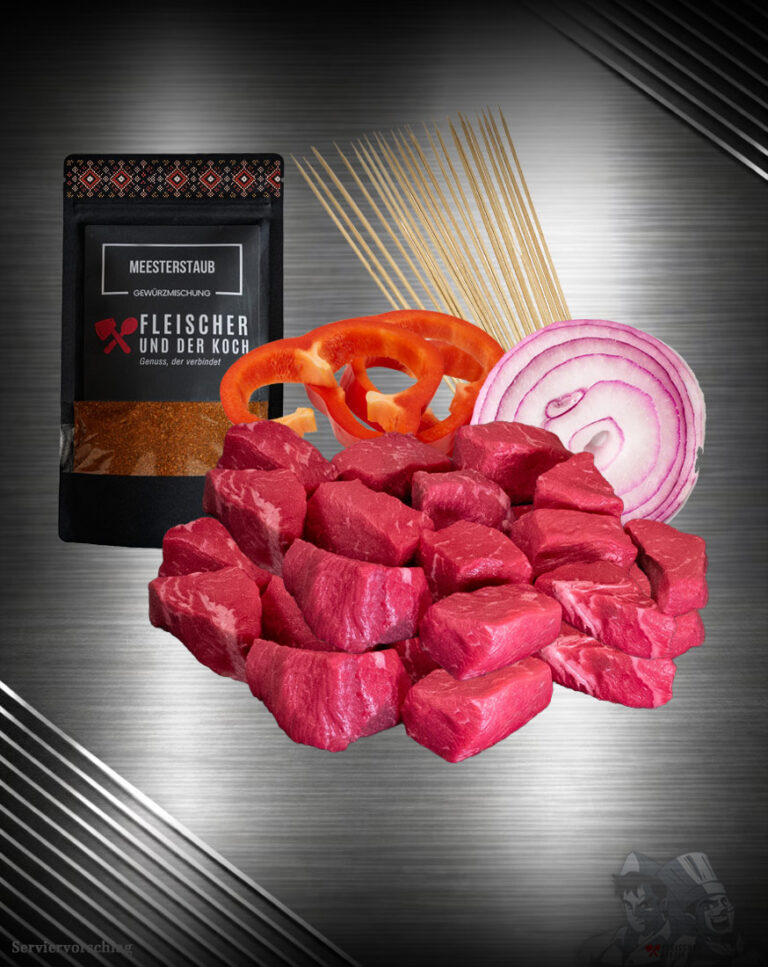030 Schaschlik-Meester ist dein Schaschlik-Bundle mit Gulasch von der Pommernfärse, Paprika, Zwiebeln, Meesterstaub und Schaschlikspießen